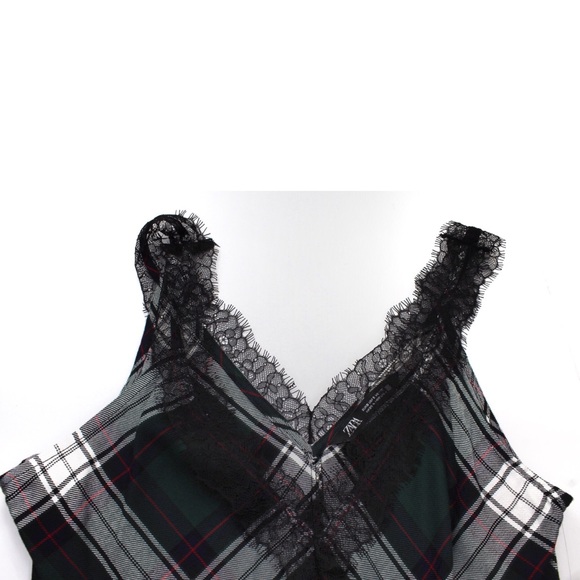 Zara NWT Plaid Lace Camisole Small Green Red Black Tank - Picture 7 of 13